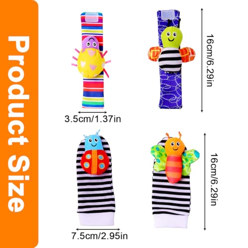 KEQAR 4 Pièces Chaussettes Hochet Bébé, Jouet d'Éveil, Bracelet et Chaussettes avec Peluche, Tissu Doux, Chaussettes Hochet Animaux pour Garçons et Filles (0-6 Mois) (A) – Image 3