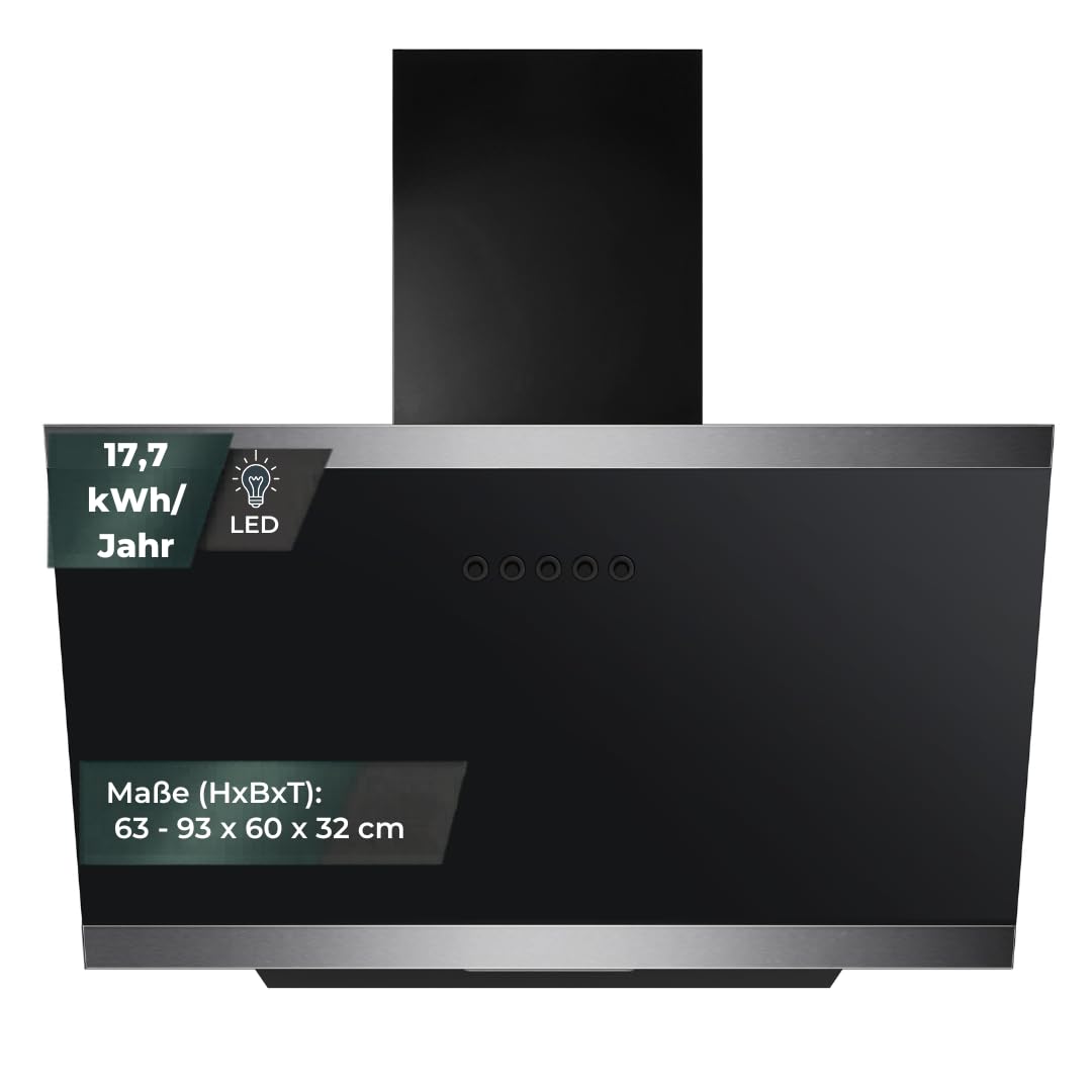 YUNA Dunstabzugshaube DULCIA 60 cm Schwarz Glasfront 3 Leistungsstufen 47W Motorleistung Energieeffizienz A Abluft Umluft Kopffrei LED Beleuchtung Ohne Kohlefilter Wandhaube