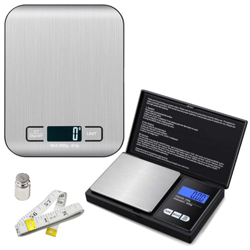 Soluciones de 5 kg, 0,01 g, dos básculas digitales, 11 libras, 5 kg/1 g, 500 g/0,01 g, con peso de calibración de 50 g, báscula de cocina, báscula de alimentos, batería incluida, cinta suave incluida