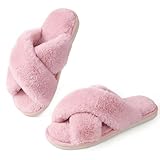 Ankis Womens Pink Fuzzy Slippers Memory Foam Cross Band Cozy House Slippers Plush Home Bedroom Fluffy Furry Open Toe Cute Soft Ladies Indoor Outdoor Soft Slipper Slides Wedding Bride Shoes Gifts