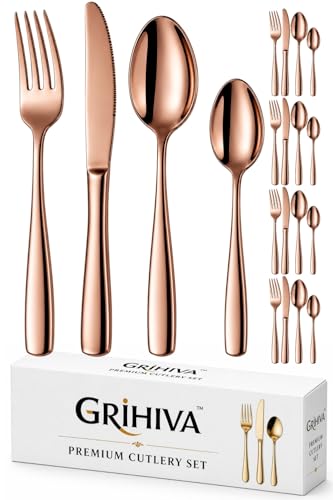 Image of 20 Pcs Rosegold Mirror Polish Stainless Steel Cutlery Set for Dining Table with Spoons and Forks Set + Butterknives - The Perfect Tableware /Flatware