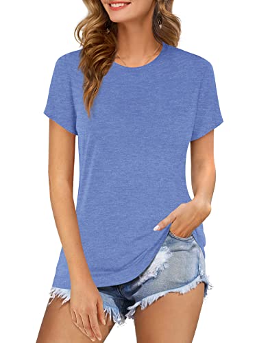 Beluring T-Shirt Damen Baumwolle Kurzarm Tshirt Basic Shirt Sommer Oberteile Tunika Blau L