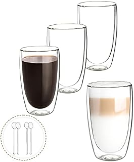 Joeyan Double Walled Coffee Glasses Set of 4-400ml Insulated Thermal Coffee Cups - Heat Resistant Latte Glasses for Cappuccino, Macchiato, Milk, Tea, Juice, Hot Chocolate - Including Glass Spoons