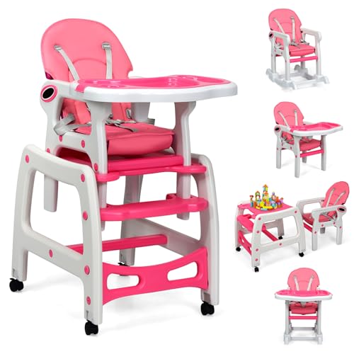 COSTWAY 5 en 1 Tronas de Bebe, Trona Bebe Portatil con 2 Bandeja Extraíble de 4 Posiciones, Cojín, Respaldo de 3 Niveles, Silla de Comer para Bebe, Trona Evolutiva Bebe para 6-72 Meses (Rosa)