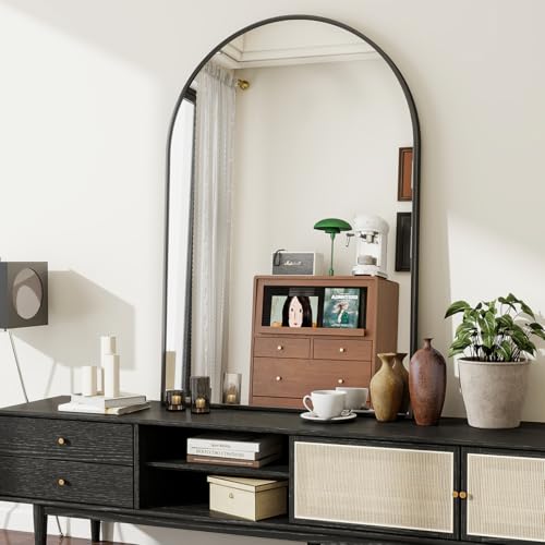 BEAUTYPEAK Espejo de Pared Arqueado Negro, 75 x 100 cm, Marco de Aleación de Aluminio Irrompible, Espejo de Baño, Se Puede Apoyar o Colgar, Espejo de Pie para Dormitorio, Baño y Aseos