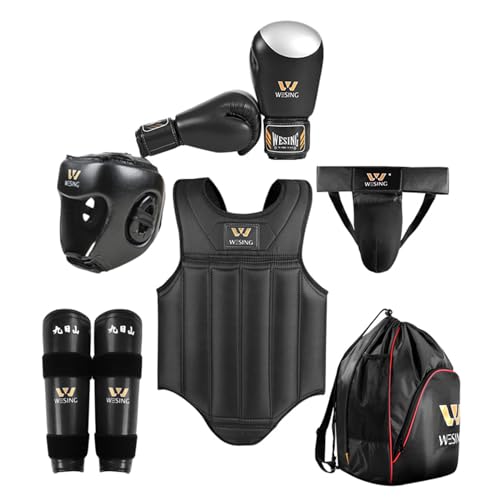 WESING Kids MMA Gear Set 6PCS Sanda Gear Set for Boys 3-12 Years (S(55-60in, 66-88lb), Black)