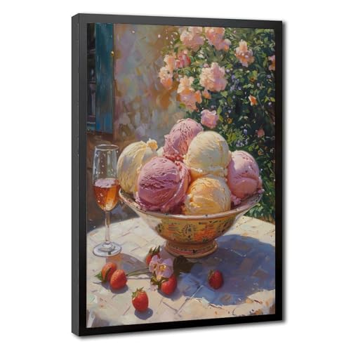 ZMLWMY Gelato on Garden T Bowl - Summer Dessertwork, Cool Gelato Patio Scene, Refreshing Ice Cream Canvas Wall Art Print Poster For Home School Office Decoration 12x18in(30x45cm)