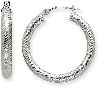 14k White Gold Hoop Earrings 30mm x 3mm | Medium to Large Size | Bold Brilliant Spiral Cable Diamond Cut