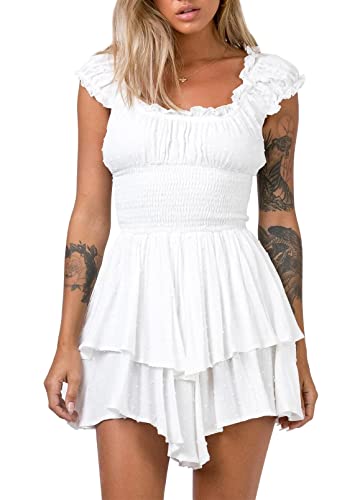 Pink Queen Damen Schulterfrei Boho Minikleid Strampler Trägerlos Jumpsuits Kurze Ärmel Schweizer Punkt Playsuits Weiß M
