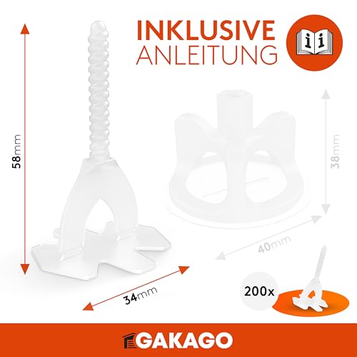 Gakago Fliesen Nivelliersystem 200 Gewindelaschen 2mm - Verlegehilfe für ein perfektes Fugenbild - Überlegene Reichweite für Fliesenstärken 3-18mm - Fliesenschutz durch Schon-Unterlegscheiben