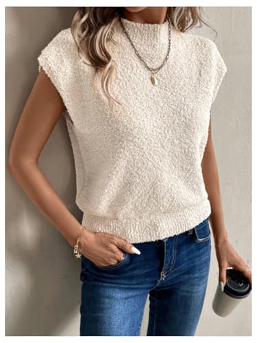SHENHE Women's Mock Neck Cap Sleeve Knit Sweater Top Fuzzy Casual Sweater Vest Pullover3