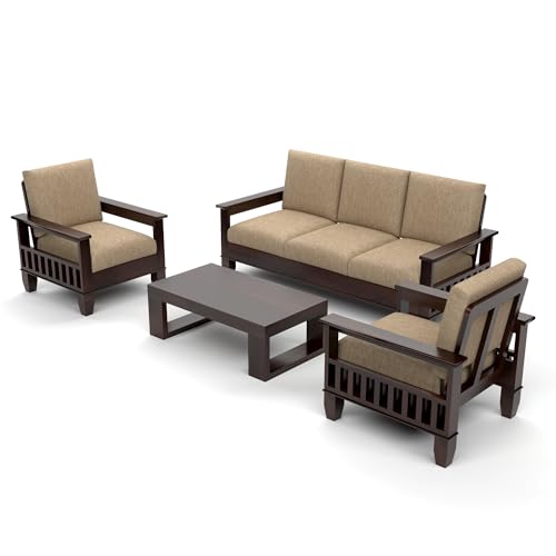 Image of Solid Sheesham Wood 5 Seater Sofa Set for Living Room | (3+1+1) Stylish & Durable Five Person Wooden Sofa | Elegant 5 Seater Sofa for Home & Office Furniture (Joren Walnut, 5 Seater)