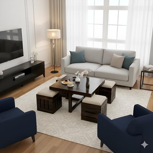 Image of Loonart Solid Sheesham Wood Coffee Table with Four Cushioned Stools | Idel for Living Room | Cafe | Restaurant | Space Saving Indoor Table Set | Finish Color - Brown Teak Finish | Off White Cushion |