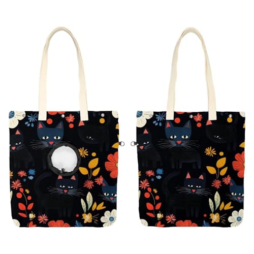 Bolso de hombro de lona para mascotas con diseño de gatos negros para paseos 2