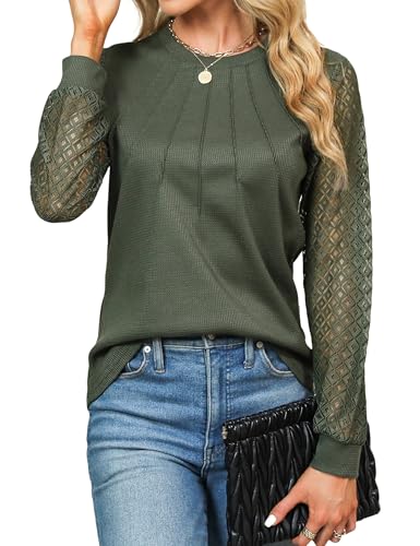 Cuptacc Bluse Damen Long Sleeve Tshirt Rundhals Top Lace Ärmel Lang Oberteile Einfarbig Lässig Tunika Elegant Armeegrün, Groß L 42-44