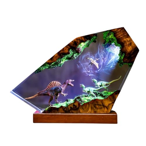 Spinosaurus Dinosaur Resin Lamp, Handmade LED Night Light, Unique Prehistoric Jungle Decor, Acrylic Wood Epoxy Lamp for Kids Bedroom & Gifts (S (15x12) cm)