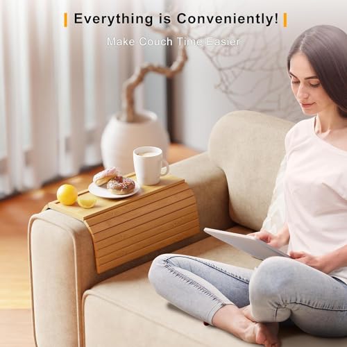 Image of Trendy Trays Bamboo Sofa Armrest Tray - 2 in 1 Couch Arm Tray with Detachable Couch Cup Holder - Anti-Slip Foldable Sofa Rectangular Table Tray - Holder for Drinks Cup Cellphone Remote Snacks, Beige