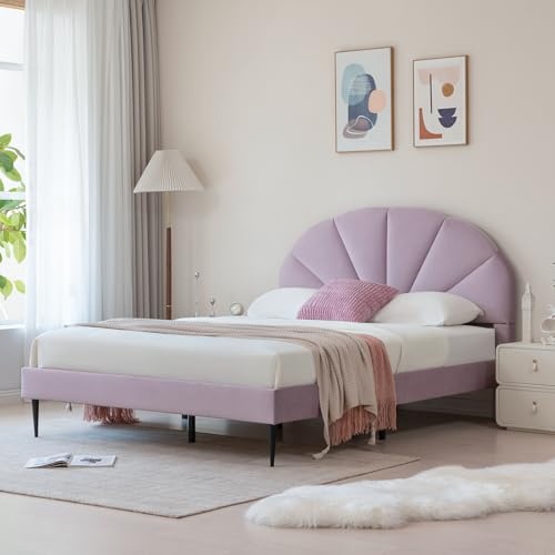 VELOCAVA Queen Bed with Seashell Headboard, Velvet, Purple