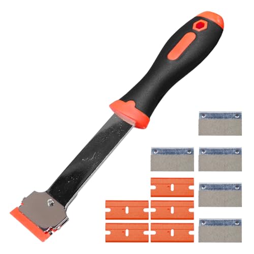 Tuxihapp Razor Blade Scraper - Car Windshield Window Cleaning Scraper Tool with 5 Plastic & 5 Metal Blades - Multi-Purpose Glass Scrapers for Sticker, Label, Cooktop, Paint Removal (Orange-1PCS)