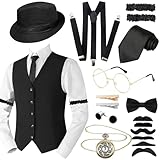 1920s Mens Costume Accessories Set for Adult, Roaring Retro 20s Gatsby Gangster Costume Outfit with Vest Fedora Hat Pocket Watch Tie Suspenders for Party Supplies-XL Black