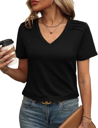 FUNBANG Women Pleated Top Blouse V Neck Casual Business T Shirt Solid Color Basic Tees Loose Fit Short Sleeve Shirt Beach Vacation Clothes Fashion Outfits 2026 Spring Summer Trendy Essentials,Black,L