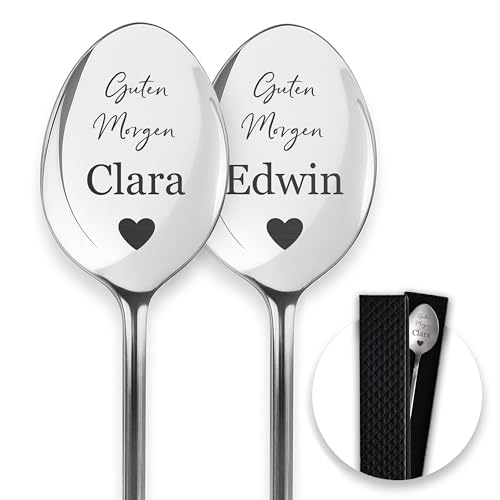LAUBLUST Personalisierte Dessertlöffel mit Wunschtext | 2er‑Set Kaffeelöffel als Geschenk zur Hochzeit, Herzen Motiv - Müslilöffel als...