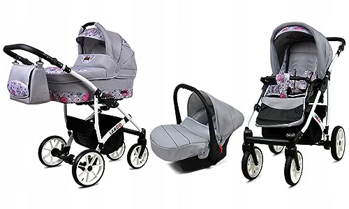 BabyLux® Kinderwagen Set 3 in 1 - Largo - incl. Babywanne, Buggy Sportsitz, Auto-Babyschale - Autositz - Kinderwagenset - Kombikinderwagen mit Wickeltasche, Regenschutz usw.