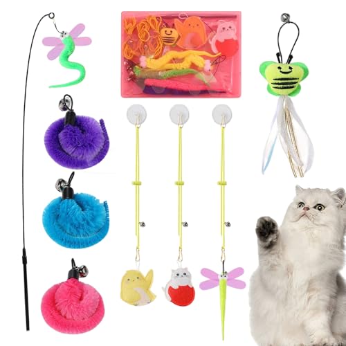Juguete de plumas de gato, varita retráctil interactiva, 13.7 x 5.9 pulgadas, 9 teasers de repuesto, hierba gatera de campana, suministros para mascotas de interior para juegos de ejercicio, gatitos