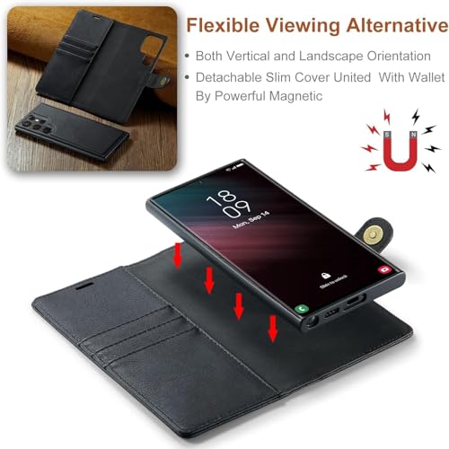 Image of Scalebee BackCover for Samsung Galaxy S23 Ultra Magnetic Detachable 2 in 1 Split Leather Wallet Phone Cover,Genuine Leather Wallet Case,Magnetic Pouch Shell (Black)