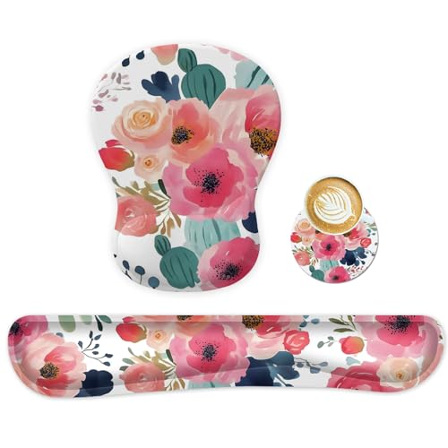 Ensemble de tapis de souris 3 en 1, tapis de souris avec coussin en gel, repose-poignets, clavier et dessous de verre, ergonomique, antidérapant, repose-poignets pour la maison, le bureau (1040)