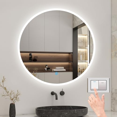 Biubiubath Rund LED Spiegel 70cm, Wandspiegel mit Touch/Wandschalter Beschlagfrei 3 Lichfarbe Dimmbar Runder Spiegel mit LED Beleuchtung IP44