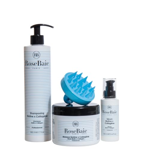 ROSEBAIE | Routine Trio Biotine et Collagène | Réparation Pousse Cheveux | Shampoing 500ml | Masque 500ml | Sérum 100ml | Brosse massante offerte