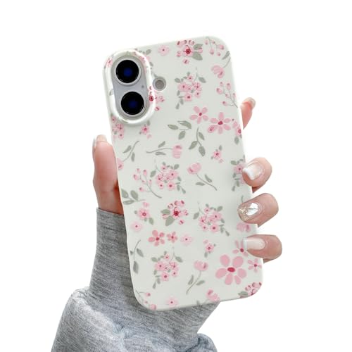 QLTYPRI for iPhone 16 Case, Cute Pink Floral Flower Pattern Aesthetic Phone Case, Raised Camera Protection Soft Slim TPU Shockproof Protective Phone Cover for Girls Women - Pink