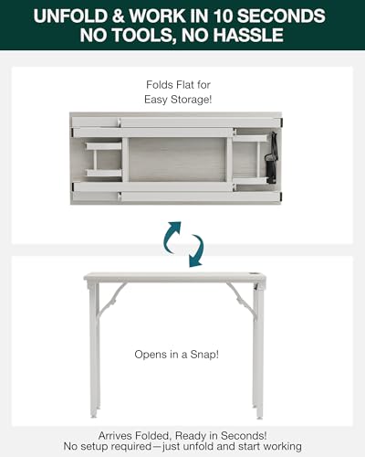 Image of Frylr Small Folding Computer Desk - 35.8 Inch Portable Table for Craft and Study, Lightweight Desk for Small Spaces, Foldable Laptop Table Built-in AC /USB Outlets for Convenience, White Ash