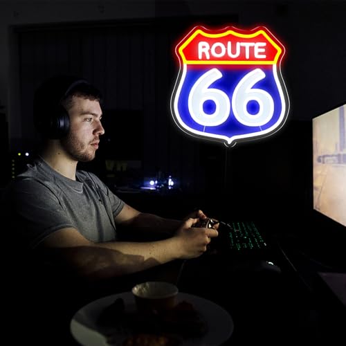 Image of Route 66 Neon Signs,LED Vintage 66 Road Lights, Room Decor for Garage,Home, Room, Man Cave, Party, Birthday Gift for Family Friends Kids-12.64x12.2 IN-USB Powered-Acrylic
