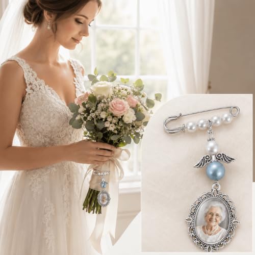 Image of MIXJOY Something Blue Gift for Bride, Wedding Day Bridal Blue Pearl Angel Wings Bouquet Garter Charm for Bride to Be