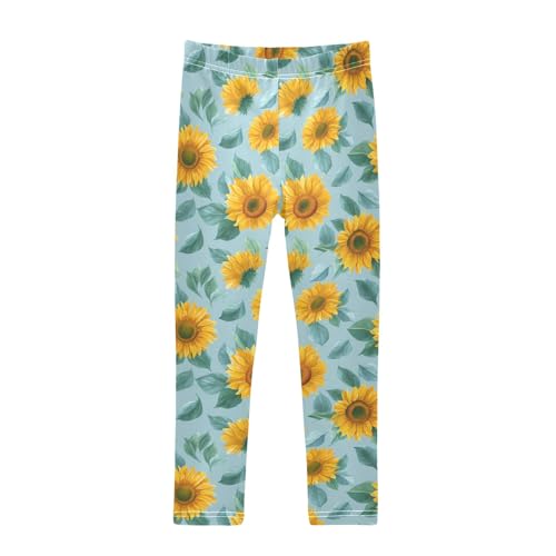 Girls' Athletic Leggings Ankle Length Yoga Dance Pants Kids Teen 4T Sunflower Leaves Blue