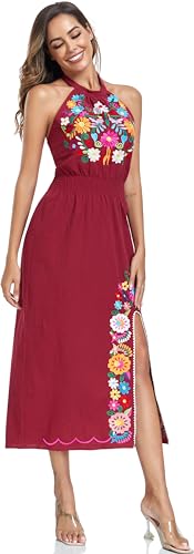 Image of Womens Mexican Floral Embroidered Halter Maxi Dress Side Slit Boho Dress | Sleeveless Halter Neck High Split, Fiesta Party Sundress, Elastic Smocked Waist, Cotton Summer Maxi Dress