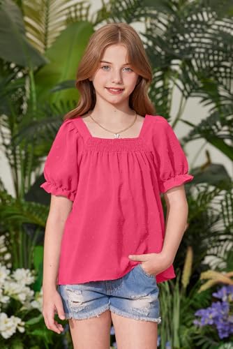 Image of BesserBay Girls Summer Puff Short Sleeve Square Neck Tee Shirts Ruffle Smocked Blouses Cute Swiss Dot Tops 5-14 Years