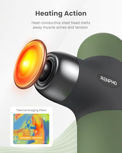 Image of RENPHO Mini Thermal Massage Gun with Heat, Color Silicone Casing, 4 Speeds | Portable, Ultra-Quiet Mini Massage Gun, 4 Heads, Neck, Back Muscle Comfort, Carry Case, Home, Office, Travel Use, Gift Idea