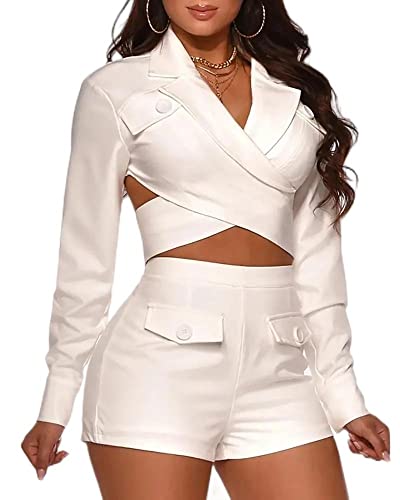 Bigeoosh Womens 2 Piece Sexy Outfits Criss Cross Crop Top And Bodycon High Waist Shorts Set White #TOP16