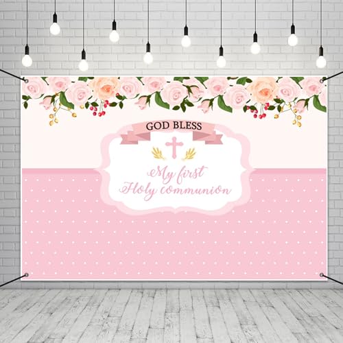 1.8 x 1.1 m Prima Comunione Party Decor Banner Battesimo Floreale Dio Benedica Baby Shower Sfondo Neonato Foto rosa poliestere