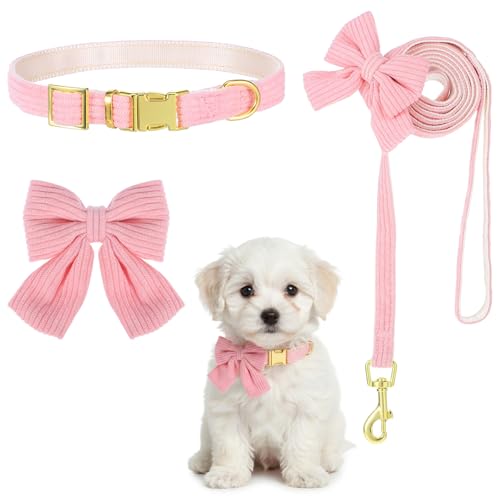 2pcs Dog Collar and Leash Set with Bowtie Cute Small Dog Collar Harness Leash Set Adjustable Breathable Soft Padded for Small Medium Puppy Dogs Metal Buckle Pink S