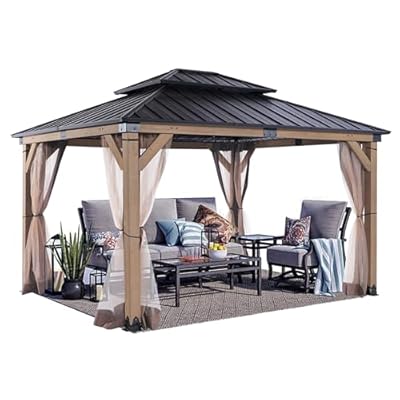 CHARMELEON Hardtop Wood Gazebo 10x12 ft – Cedar Wood Frame Gazebo with Double Metal Roof – Patio Gazebo Kits with Mosquito Netting – Outdoor Wooden Gazebos Pavilion for Backyard and Deck