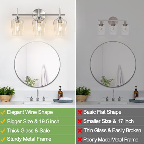 Image of MOKATNG 3-Light Bathroom Light Fixtures, 19.5 in Brushed Nickle Vanity Lights for Bathroom with Clear Glass, Bathroom Lighting Fixtures Over Mirror, Modern Wall lamp for Cabinet Hallway