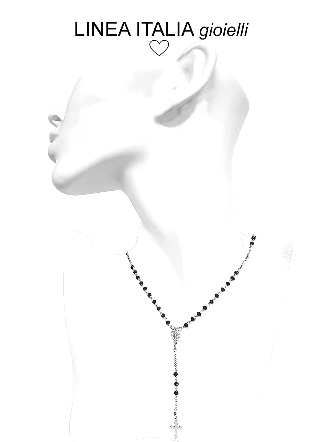 Linea Italia Gioielli - Collar Rosario Mujer en Plata 925 con Piedras Negras, Cruz y Medalla Virgen María - Joya Certificada Made in Italy