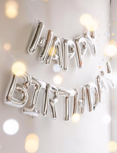 Image of Happy Birthday Balloon Banner, 16 Inch Silver Happy Birthday Foil Balloons, Silver Hbd Balloons Letter Mylar Balloon, Birthday Sign Party Decorations for Women Men Boys Girls