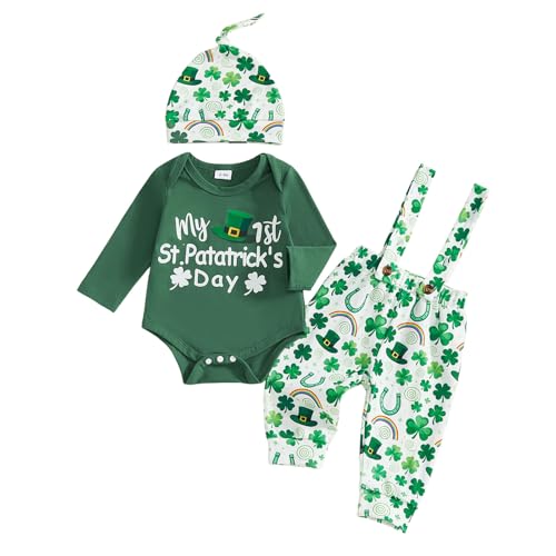 BeQeuewll Baby Boy Irish Clothes Newborn First St Patricks Day Outfit 1st Letter Romper+Clover Overalls Pants+Hats 3Pcs (Green, 6-9 Months)