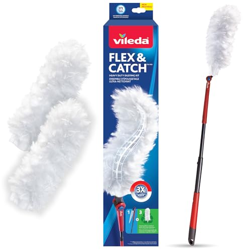 Vileda Flex & Catch - Kit per spolverare resistente con 3 ricariche usa e getta, manico estensibile da 9,6 m con gancio per spolverare permanente, intrappola 3 volte più polvere rispetto ai piumini