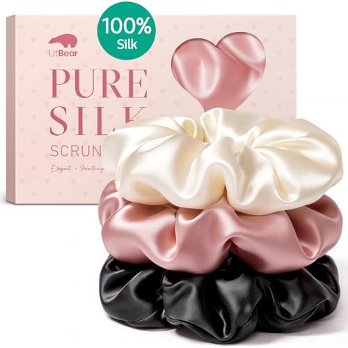 Litbear Seiden Scrunchies 3er-Pack 100% Maulbeerseide Scrunchies XL Große Haargummis Damen Seidenhaargummi gegen Frizz & Haarbruch sanfter Halt für Frisuren